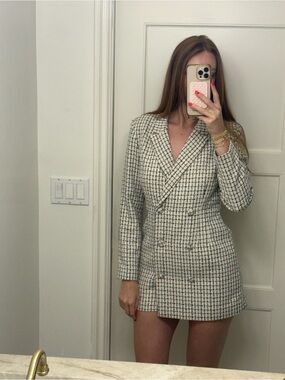 Dynamite Cream and Black Tweed Blazer Romper Dress